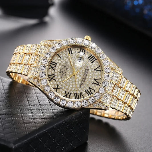 Luxury Men Watch Classic Golden Men Steel Strap Roman Rhinestone Calendar Quartz Watch Fashion Male Wristwatch Relogio Masculino