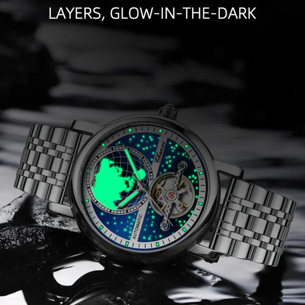 CHENXI Tourbillon Mens Watch Automatic Mechanical 8871 Classic Map Dial Waterproof Luminous Leather Watches for Men Reloj Hombre