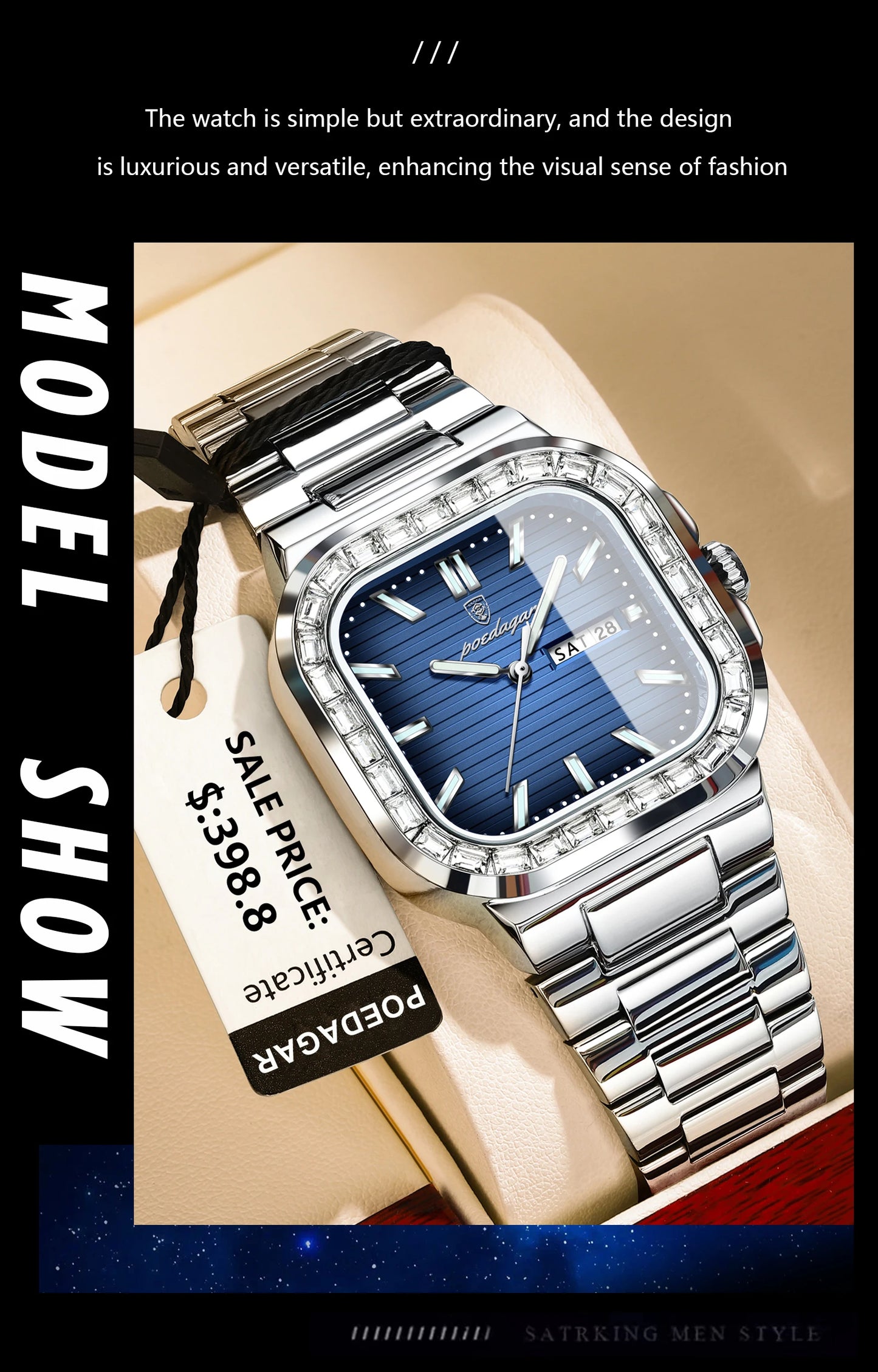 POEDAGAR Top Brand Luxury Watch for Men Waterproof Luminous Date Week Man Wristwatch Stainless Steel Square Quartz Men's Watches