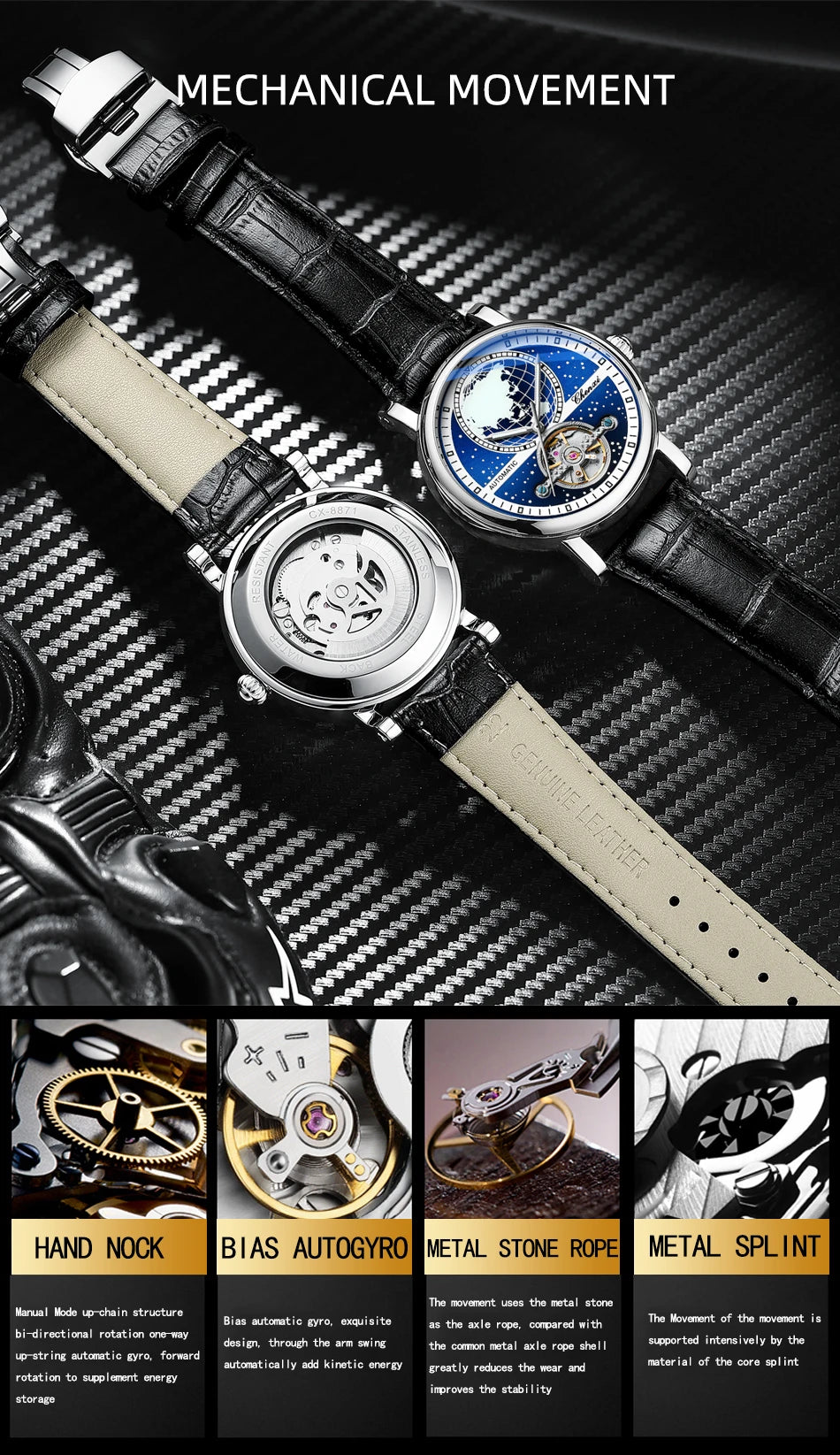 CHENXI Tourbillon Mens Watch Automatic Mechanical 8871 Classic Map Dial Waterproof Luminous Leather Watches for Men Reloj Hombre