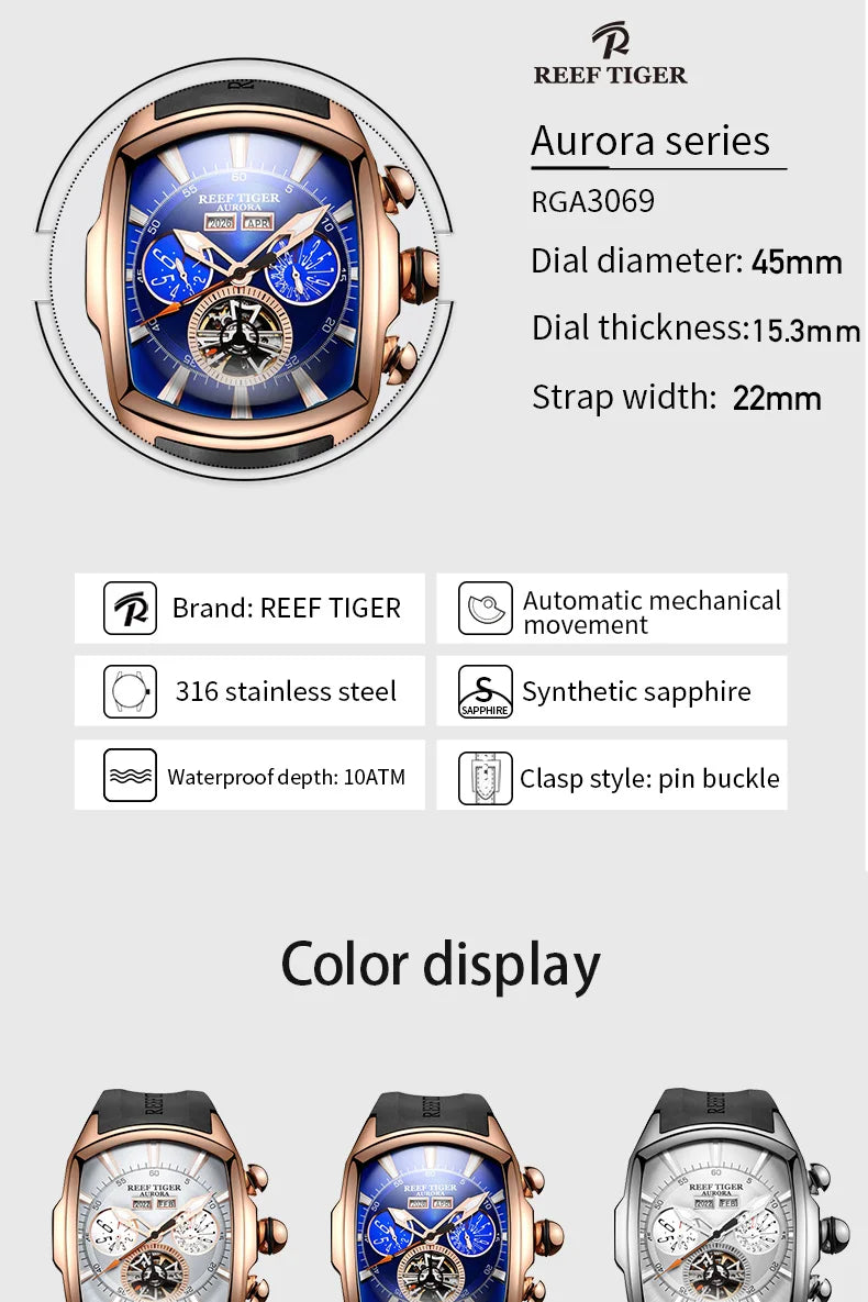 Reef Tiger/RT Designer Sport Watches with Tourbillon Stainless Steel Rubber Strap Blue Dial Automatic Watches RGA3069