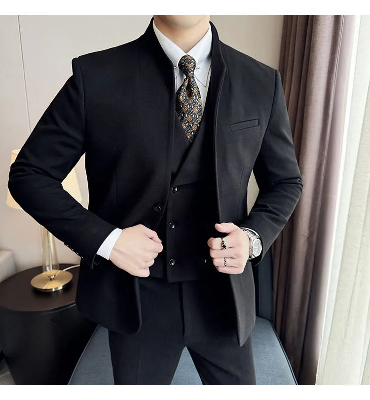 Korean Style Men's Suit Set Slim Fit Business Suit Wool Blazer Three Piece Set Elegant Social Formal Men's Clothing 5XL-M