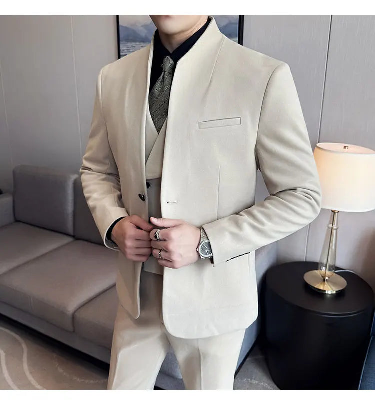 Korean Style Men's Suit Set Slim Fit Business Suit Wool Blazer Three Piece Set Elegant Social Formal Men's Clothing 5XL-M