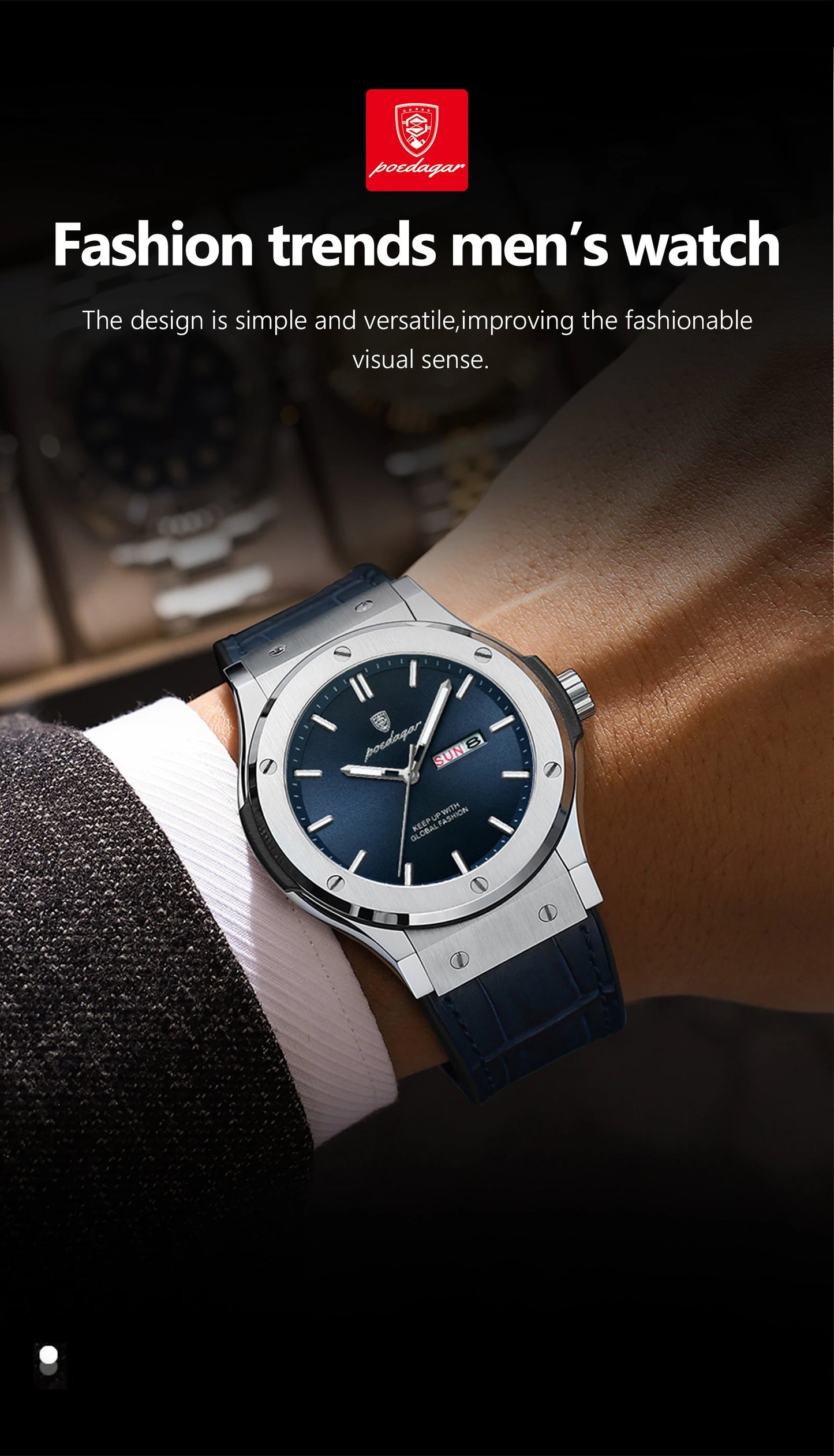 POEDAGAR Men's Watches Trend Fashion Original Quartz Watch for Man Waterproof Leather Strap Luminous Date Week Wristwatch Reloj