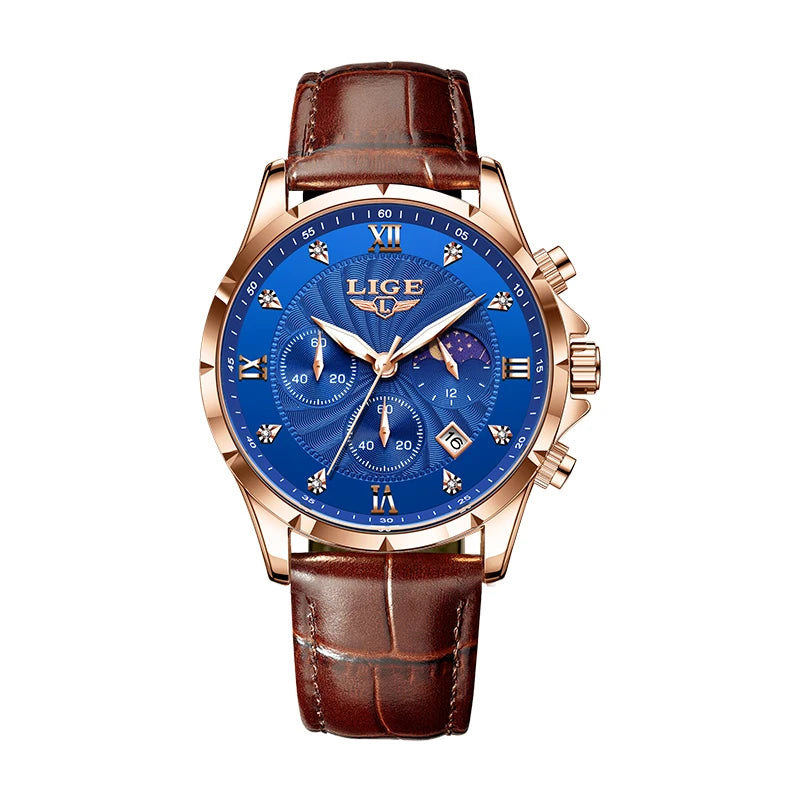 LIGE Men's Watch Luxury Business Luminous Waterproof Leather Watches Moon Phase Week Date Casual Quartz Watch Men Reloj hombre
