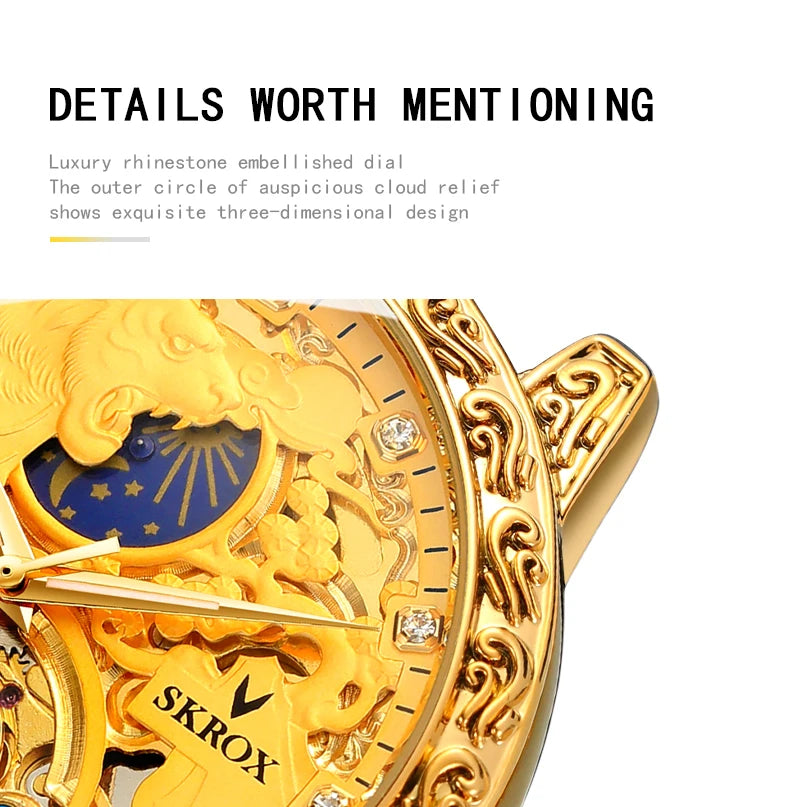 SKROX Original Gold Tiger Diamond Elegant Men's Watch Moon Phase Tourbillon Automatic Mechanical High-end Luxury Male Clockwork