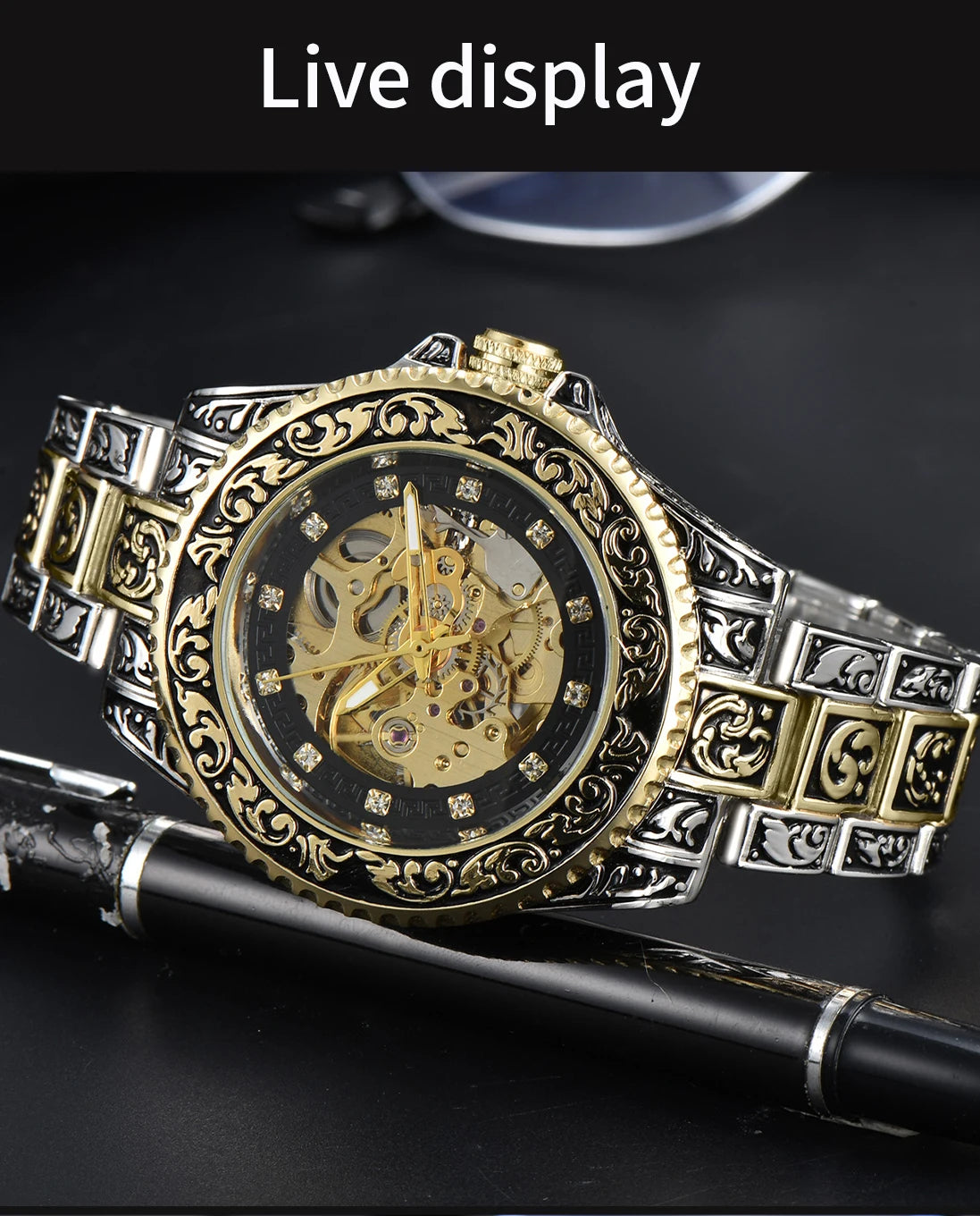 LONGLUX automatic watch luxury wholesale mechanical wristwatches stainless steel carve waterproof  no logo mens watch men gift