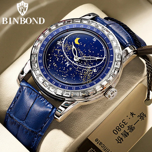 BINBOND Brand Rotating All Over The Sky Empty Diamond Men Watches Fashion Business Sun Moon Stars Waterproof Luminous Men Watch
