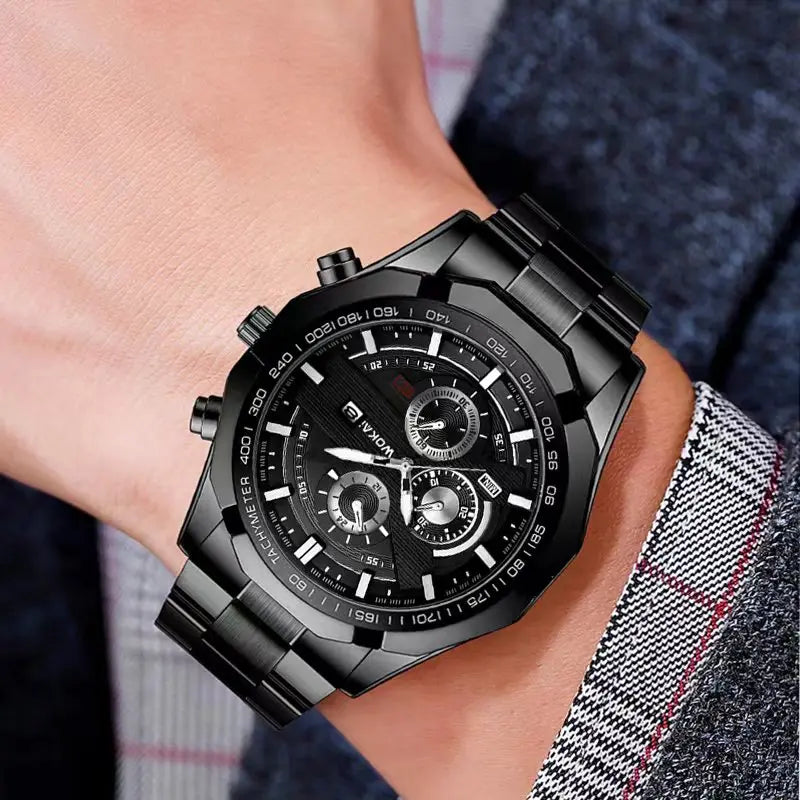 WOKAI Fashion Business Multi-functional steel band Quartz Men's luxury Tungsten steel Watch Boys Girls Student Retro clock