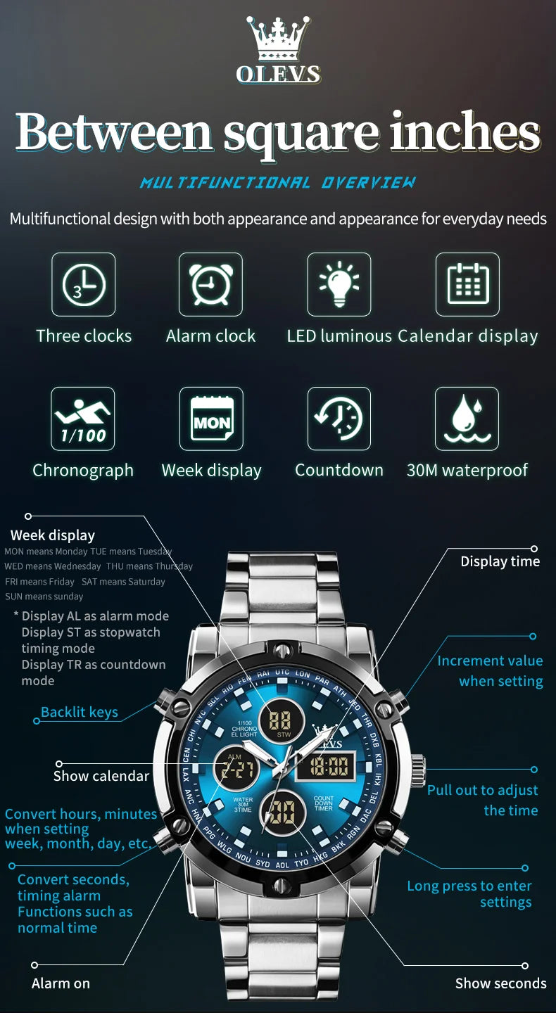 OLEVS 1106 Watch Men Chronograph Calendar Alarm Clock Quartz Movement Stainless steel Multi-function Man Hand Clock Trend Watch