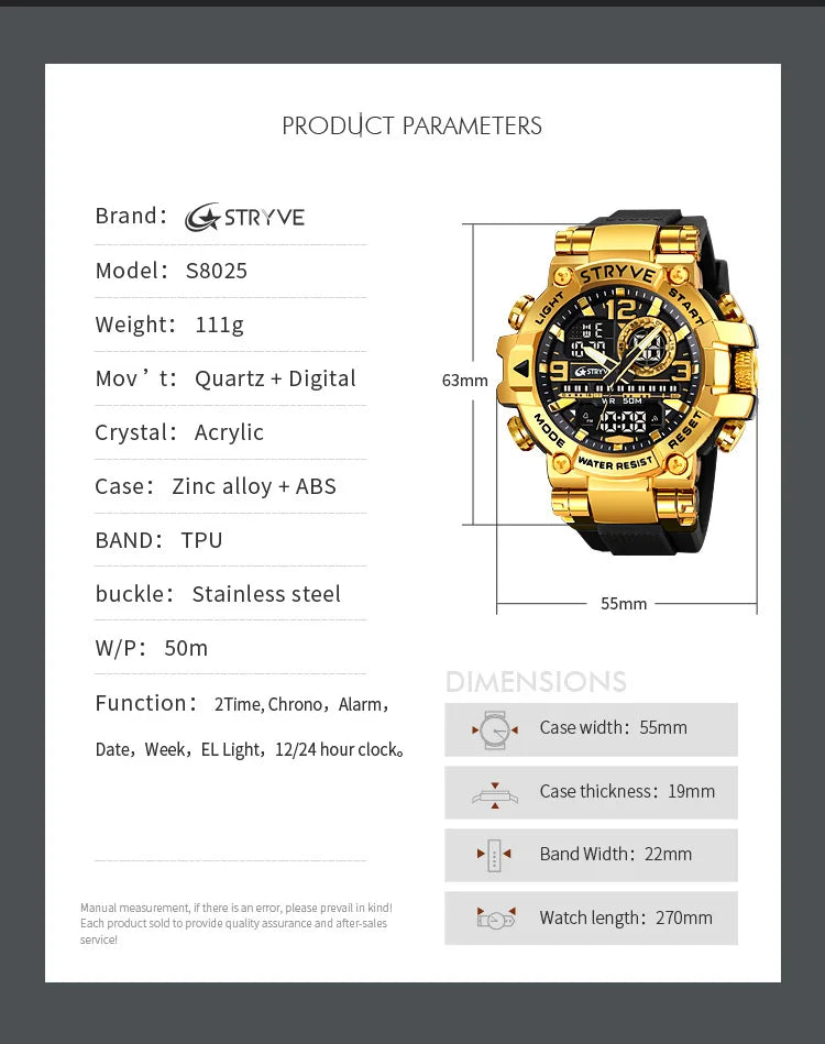 New STRYVE Watch for Men's High Quality Digital-Analog Dual Movement 5ATM Waterproof Watches Fashion Sports Men's Watch 8025