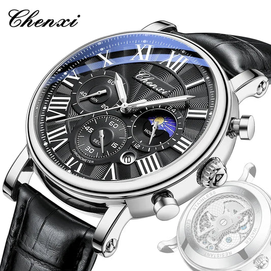 CHENXI 2024 Watches For Men Leather Strap Skeleton Quartz Sweep Second Movement Mens Watch Waterproof Chronograph Wristwatches