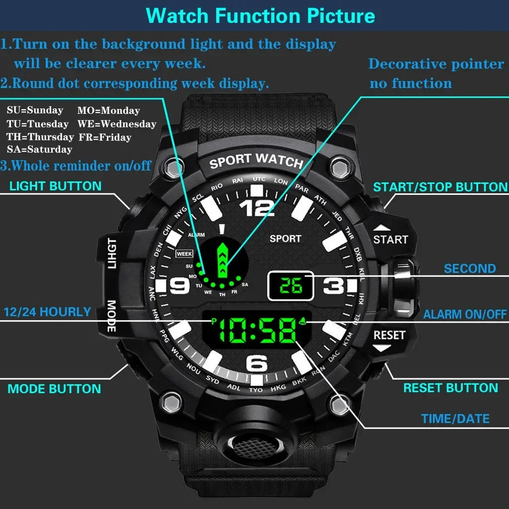 YIKAZE Y12 Men's Sports Watch Waterproof Luminous Men Sport Watch Multifunction Digital Electronic Wristwatch Clock for Boy Kids