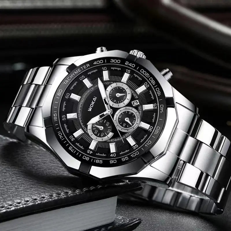 WOKAI Fashion Business Multi-functional steel band Quartz Men's luxury Tungsten steel Watch Boys Girls Student Retro clock
