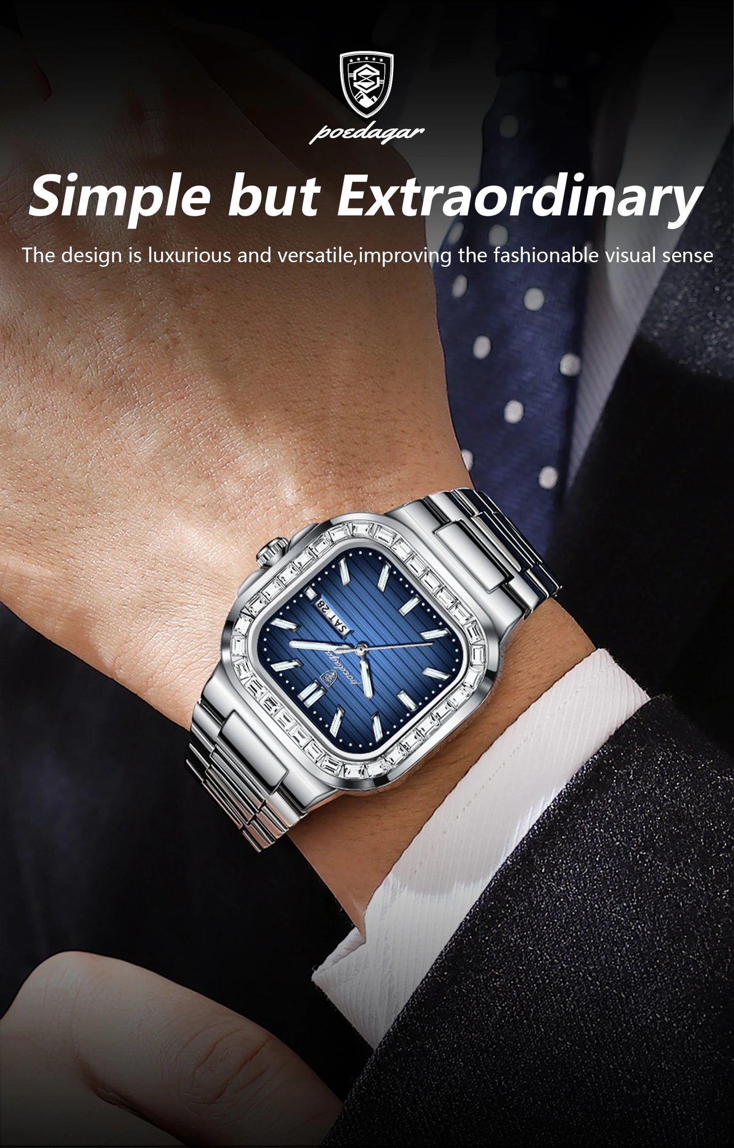 POEDAGAR Top Brand Luxury Watch for Men Waterproof Luminous Date Week Man Wristwatch Stainless Steel Square Quartz Men's Watches