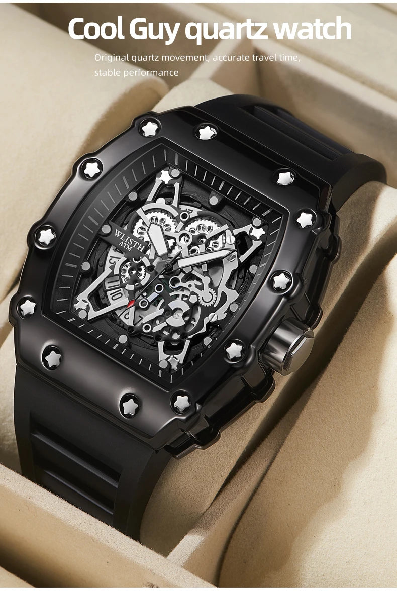 Brand Men's Watch Fashion Automatic Movement Barrel Luminous Waterproof Clock Sports Male's Silicone Strap Quartz Wristwatch New
