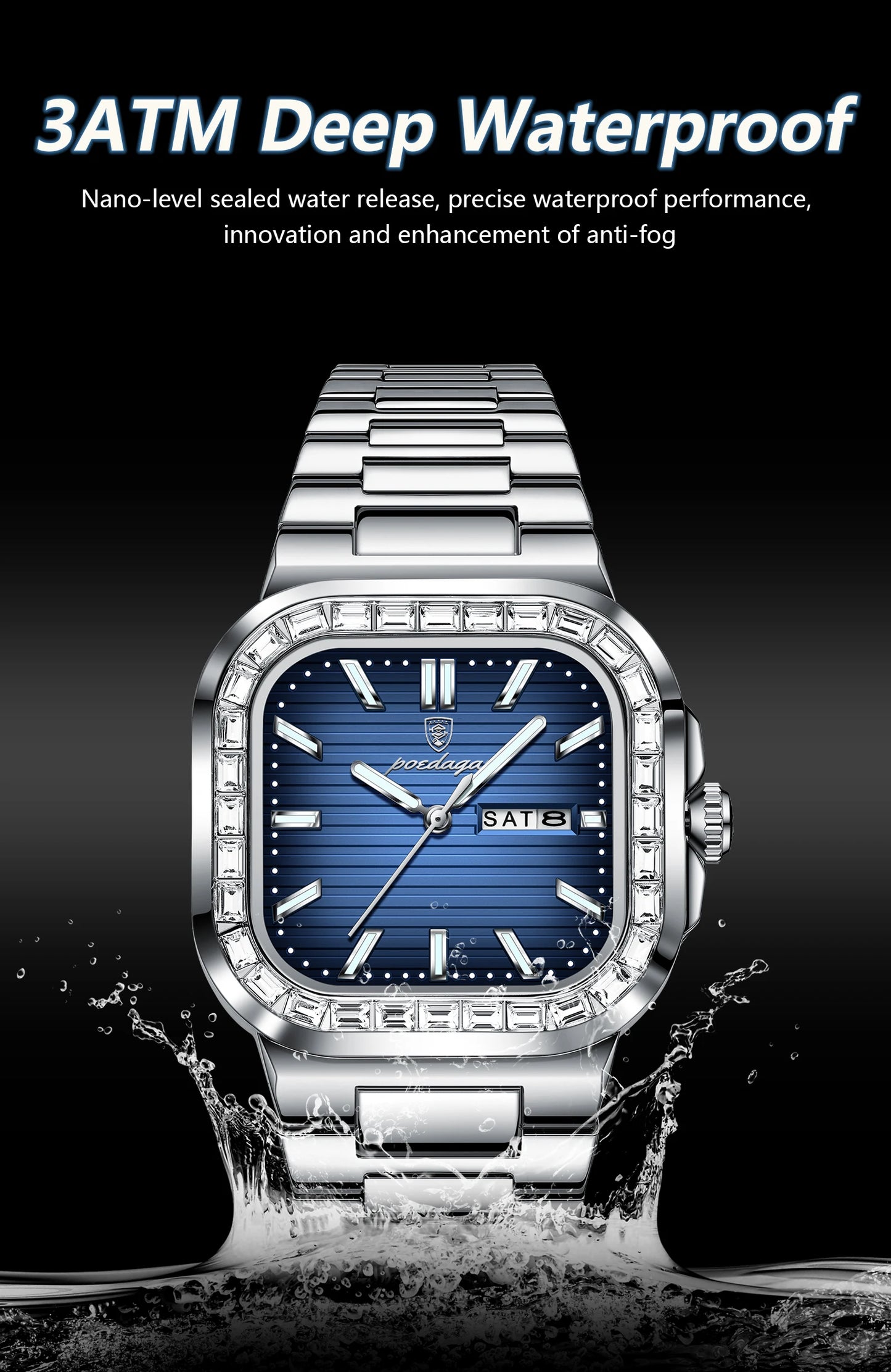POEDAGAR Top Brand Luxury Watch for Men Waterproof Luminous Date Week Man Wristwatch Stainless Steel Square Quartz Men's Watches