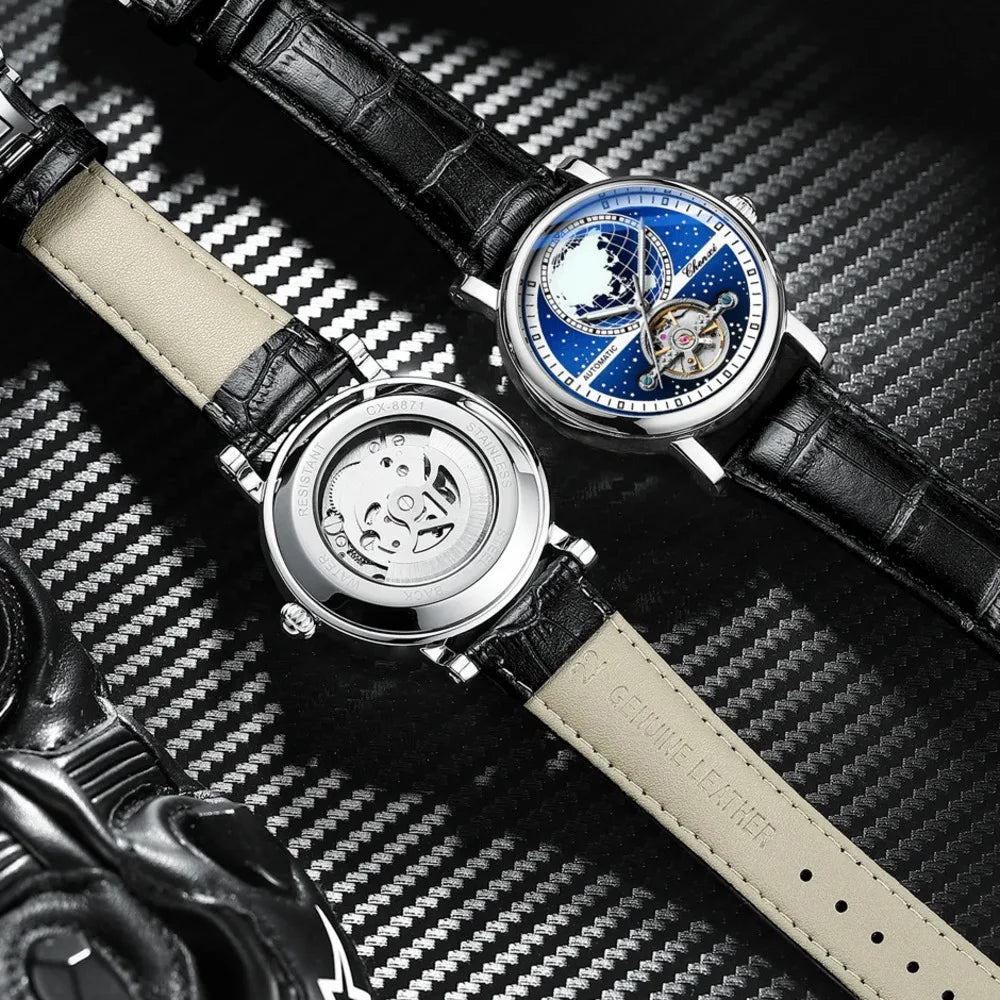 CHENXI Tourbillon Mens Watch Automatic Mechanical 8871 Classic Map Dial Waterproof Luminous Leather Watches for Men Reloj Hombre