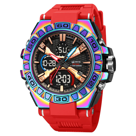 STRYVE Men's Watches 50M Waterproof Clock Alarm Reloj Hombre 8026 Dual Display Wristwatch Quartz Digital Clock Men