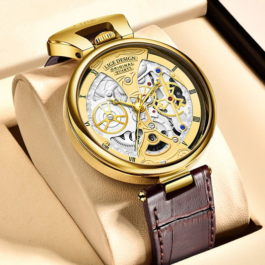 2023 LIGE Men Watches Top Brand Luxury Brown Leather Chronograph Sport Watch For Men Fashion Date Waterproof Clock Reloj Hombre