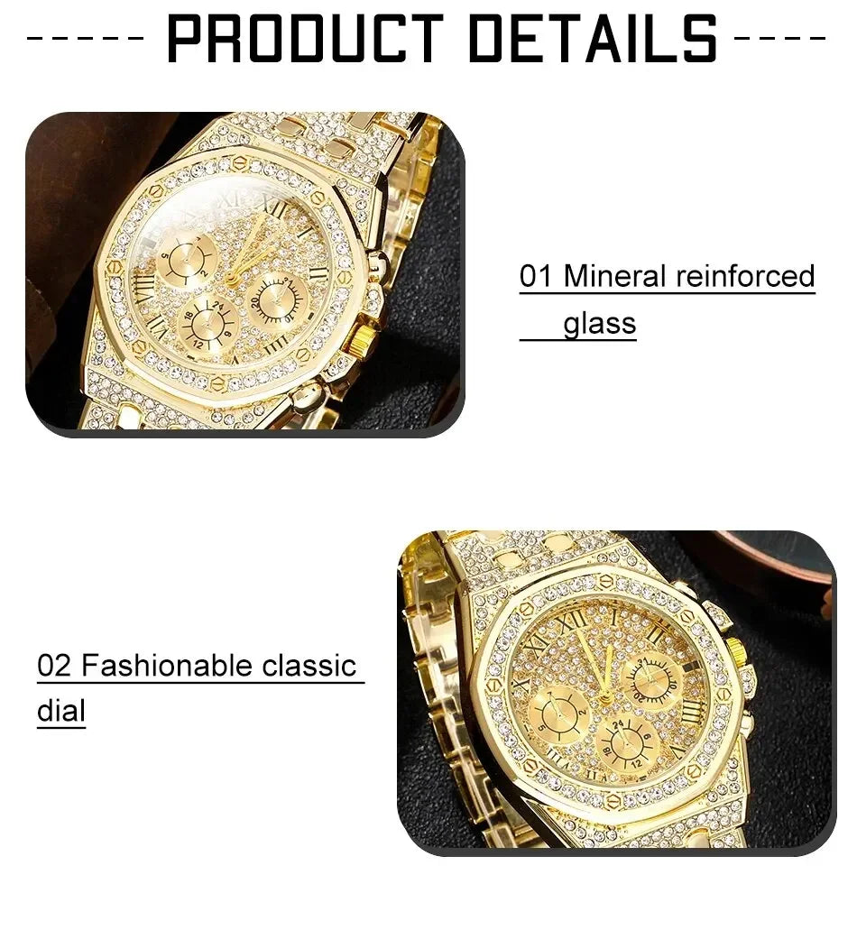 Luxury Men Watch Stainless Stee Band Golden Watches for Men Fashion Hip Hop Watch Diamond Big Dial Business Quartz Wristwatches