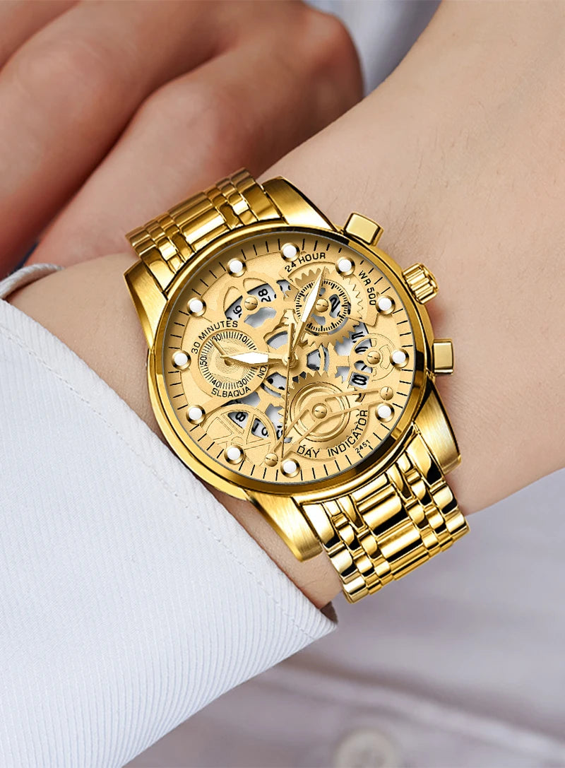 Men's Business Watch Skeleton Design Fashion Mechanical Style Stainless Steel Quartz Movement Calendar Waterproof Men WristWatch