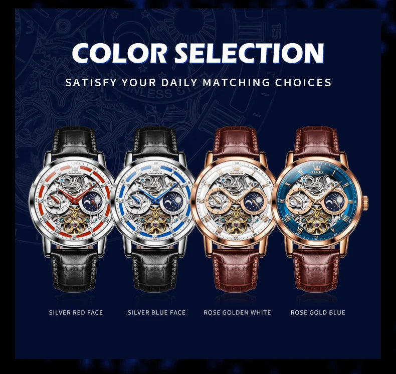 OLEVS Mens Watches Top Brand Luxury Moon Phase Tourbillon Mechanical Watch for Men Automatic Skeleton Watch Relogio Masculino