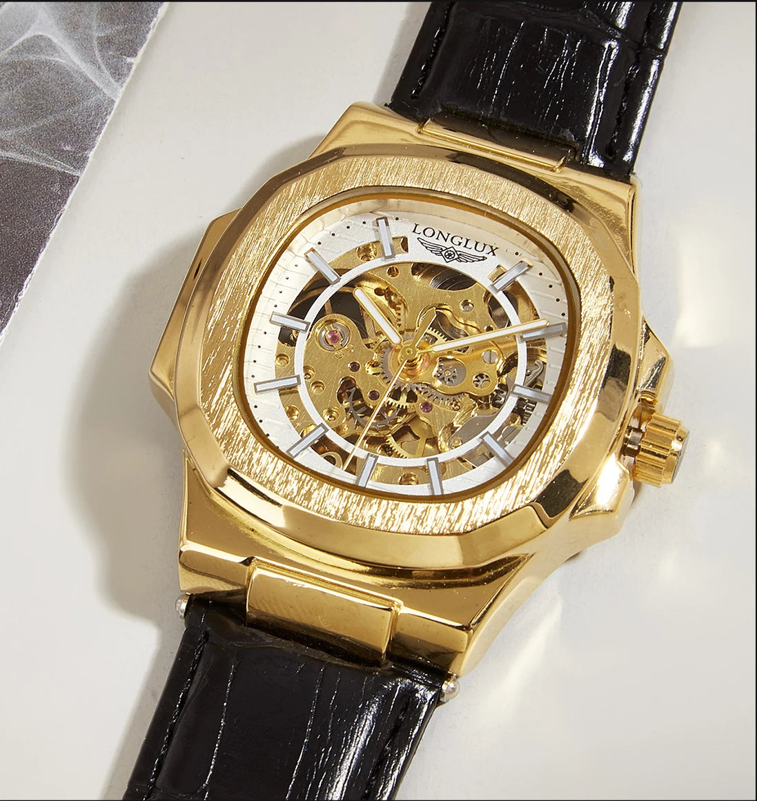 LONGLUX automatic man watch sport style wholesale mechanical wristwatches fashion hollow leather man watch men gift