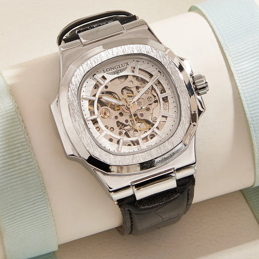 LONGLUX automatic man watch sport style wholesale mechanical wristwatches fashion hollow leather man watch men gift