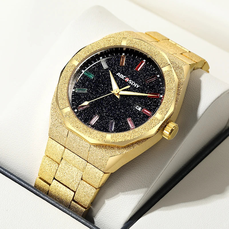 Matte Star Dust Dial Full silver Stainless Steel Strap High Quality Date Clock Frosted Diamond Quartz Watch for Men 2024