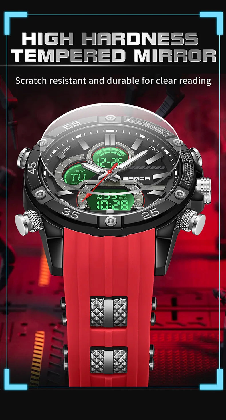 SANDA 6162 Men's Electronic Watch Creative Sports Waterproof Luminous Chronograph Pointer Digital Dual Display Wristwatches