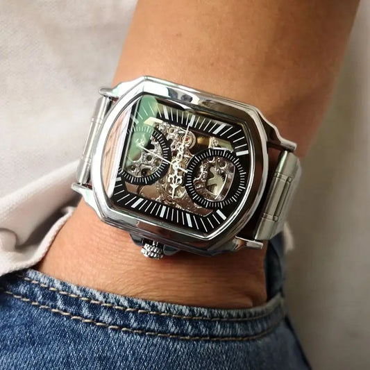 Luxury Mens Watches Tonneau Silver Transparent Skeleton Watch for Men Mechanical Hollow Out Wristwatches Stainless Steel Strap