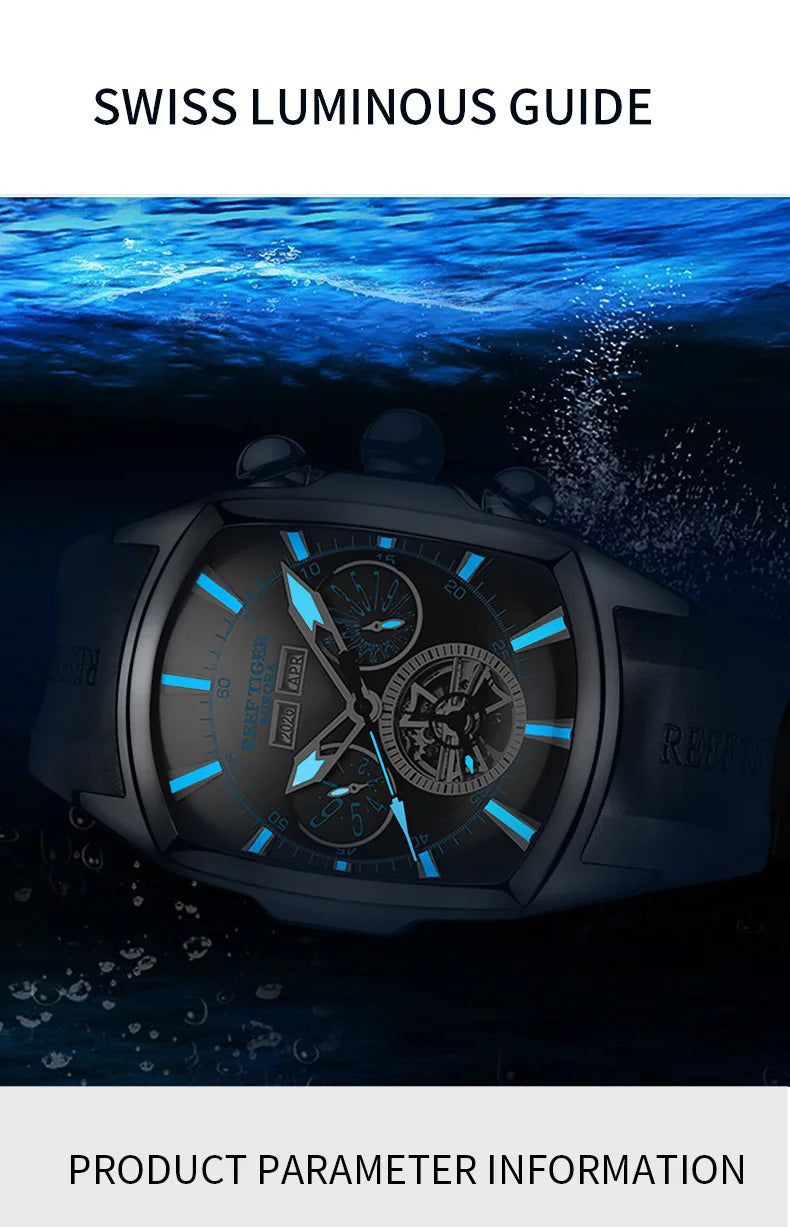 Reef Tiger/RT Designer Sport Watches with Tourbillon Stainless Steel Rubber Strap Blue Dial Automatic Watches RGA3069