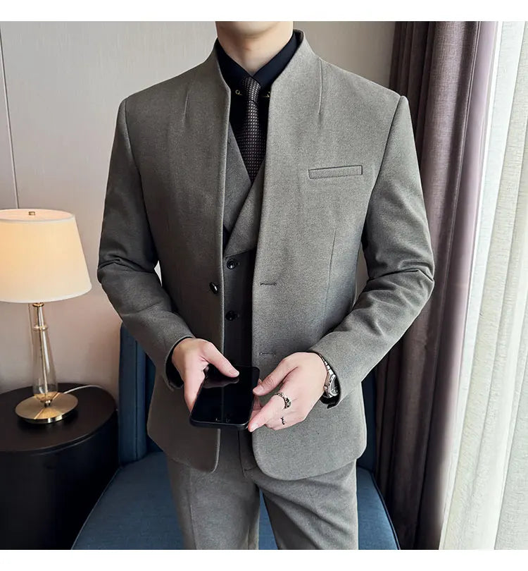 Korean Style Men's Suit Set Slim Fit Business Suit Wool Blazer Three Piece Set Elegant Social Formal Men's Clothing 5XL-M