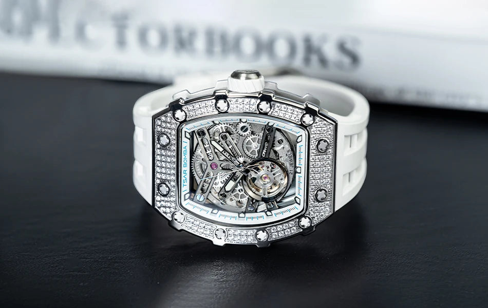 TSAR BOMBA Rose Gold Mens Automatic Watch Mechanical Wristwatch Sapphire Clock Fashion Skeleton Watch New Year Gift for Men