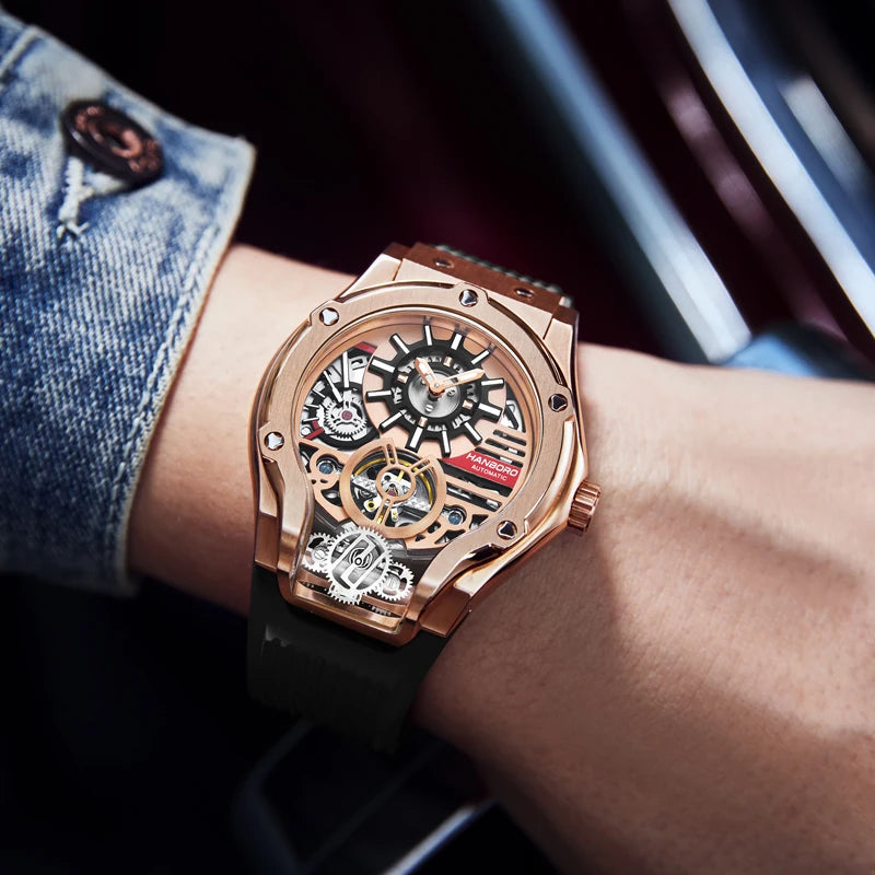 HANBORO Car Design Mechanic Watch Luxury Men Watches Mechanical Wristwatches Earth Skeleton Flywheel Watch Orologio Uomo