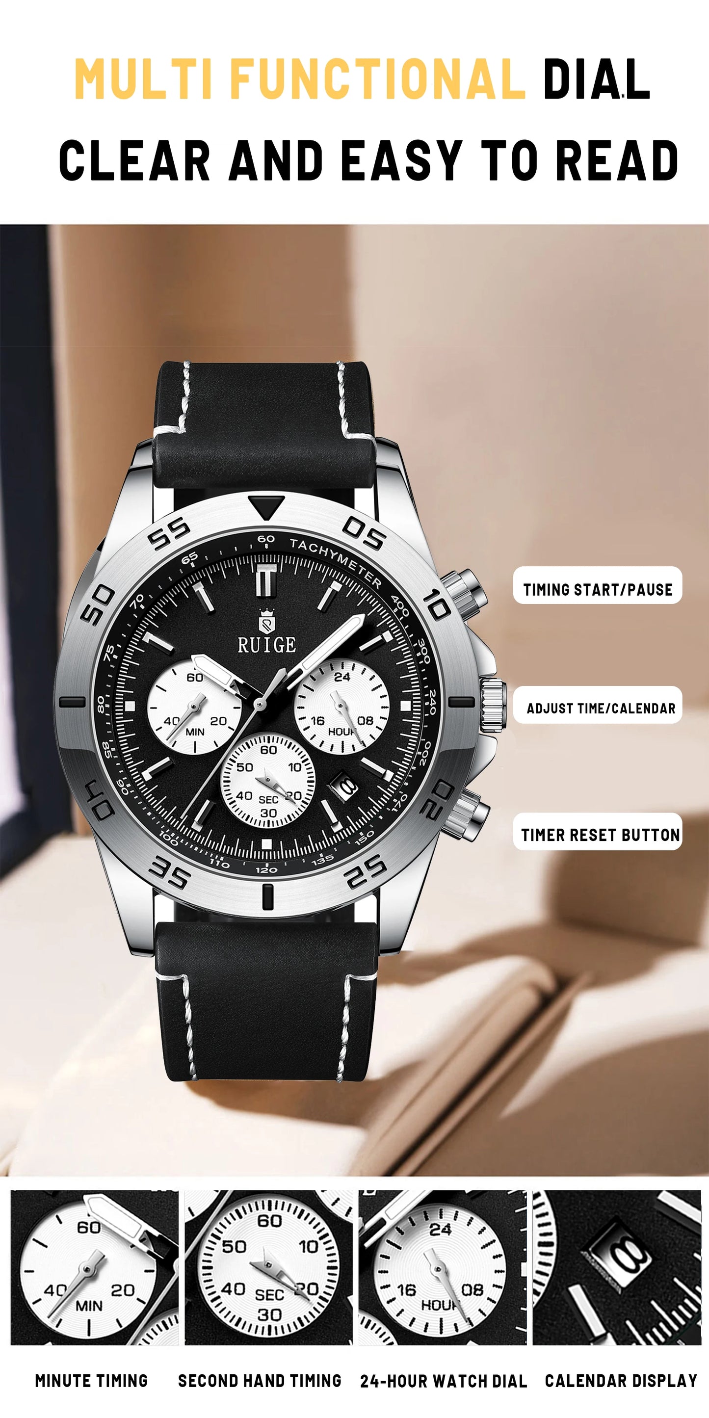 RUIGE Men's Watch Fashionable Men's Multi functional Watch Waterproof Glow Leather Strap Wrist Watch