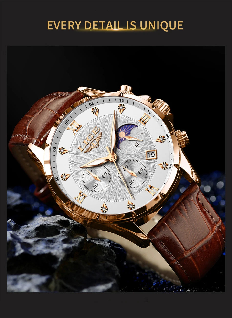 LIGE Men's Watch Luxury Business Luminous Waterproof Leather Watches Moon Phase Week Date Casual Quartz Watch Men Reloj hombre