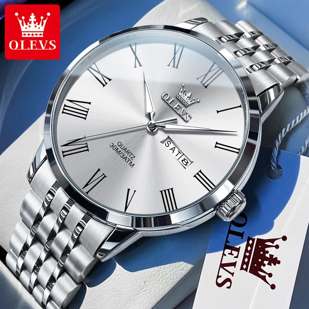 OLEVS 3633 Men's Watch Business Simply Original Quartz Watch for Man Waterproof Luminous Stainless Steel  Dual Calendar Display