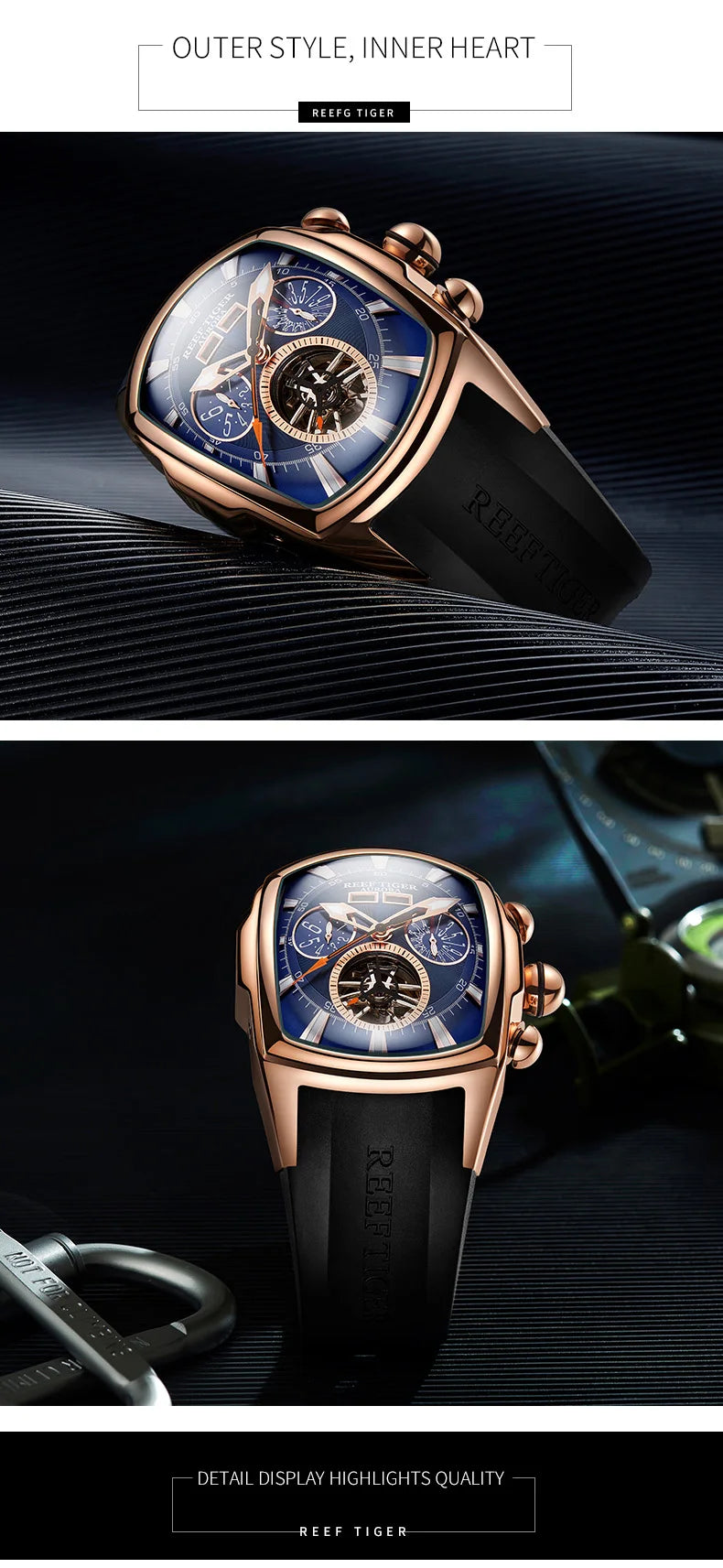 Reef Tiger/RT Designer Sport Watches with Tourbillon Stainless Steel Rubber Strap Blue Dial Automatic Watches RGA3069