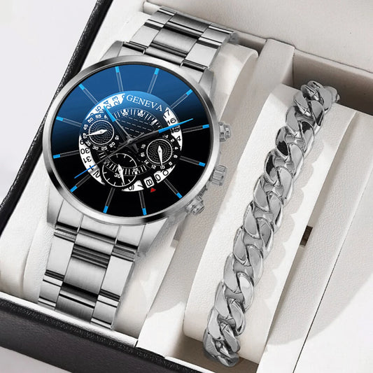 2PCS Men Business Watch Fashion Big Dial Steel Band Calendar Watches Sports Quartz Wristwatch Relogio Masculino（Without Box）