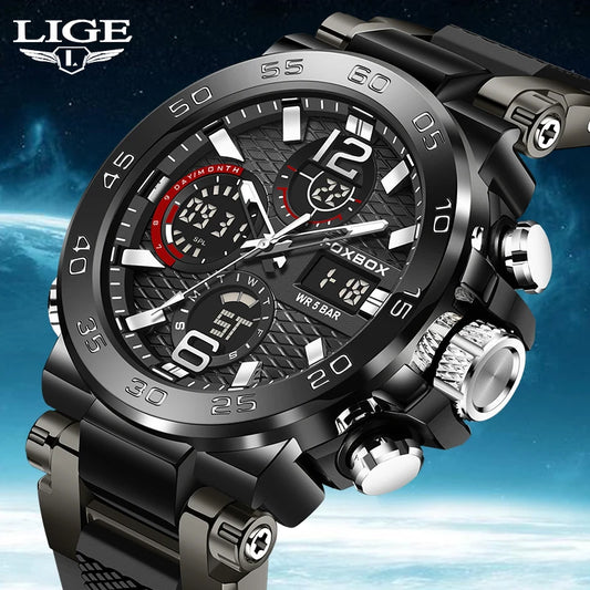 LIGE Luxury Mens Watch Fashion Man Quartz Wristwatch LED Display Luminous Waterproof Watches For Men Calendar Sport Male Clock