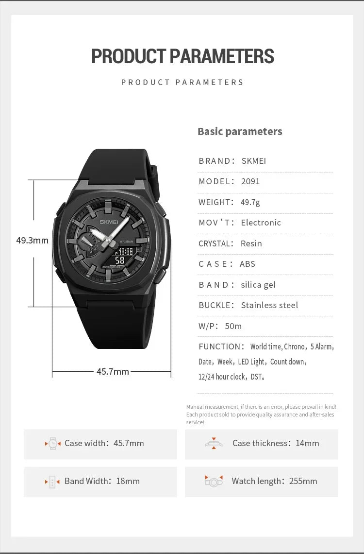 SKMEI 2091 5 Alarms Date Clock reloj hombre with Japan Digital Movement Sport Watches Waterproof Men Countdown Chrono Wriswatch