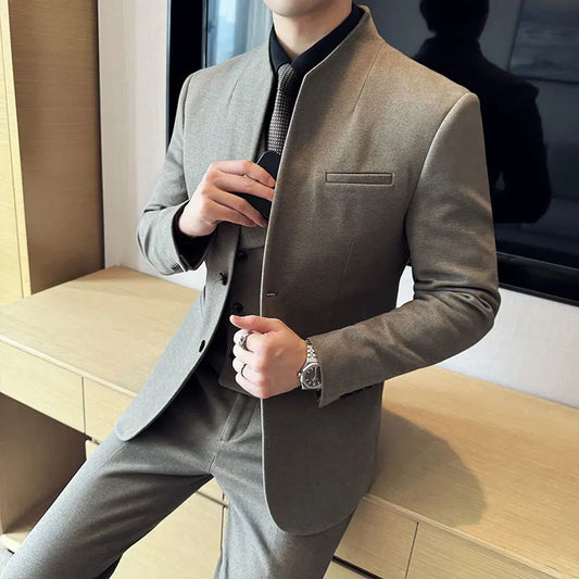 Korean Style Men's Suit Set Slim Fit Business Suit Wool Blazer Three Piece Set Elegant Social Formal Men's Clothing 5XL-M