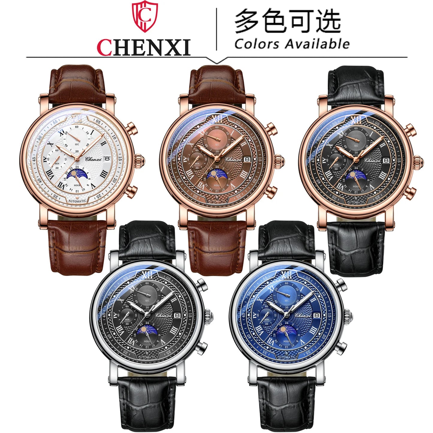 CHENXI 976 Men's Watch Leather Chronograph Date Quartz Watches Phase Moon Timing Business Luminous Wrist Watch Relojes para