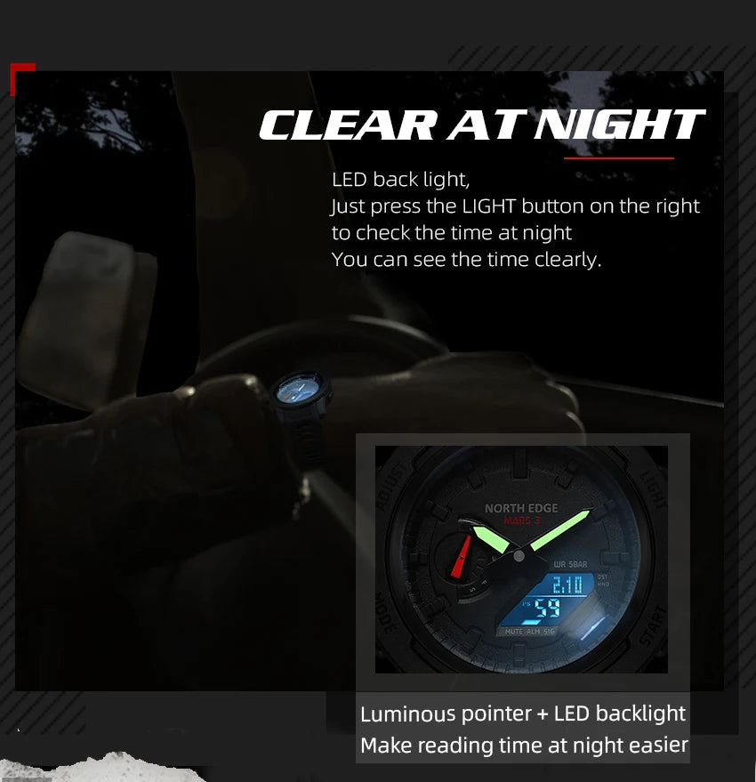 NORTH EDGE Mars 3 Men's Military Watch Digital Carbon Fiber Case For Man Waterproof 50M Sports Watches World Time LED Wristwatch