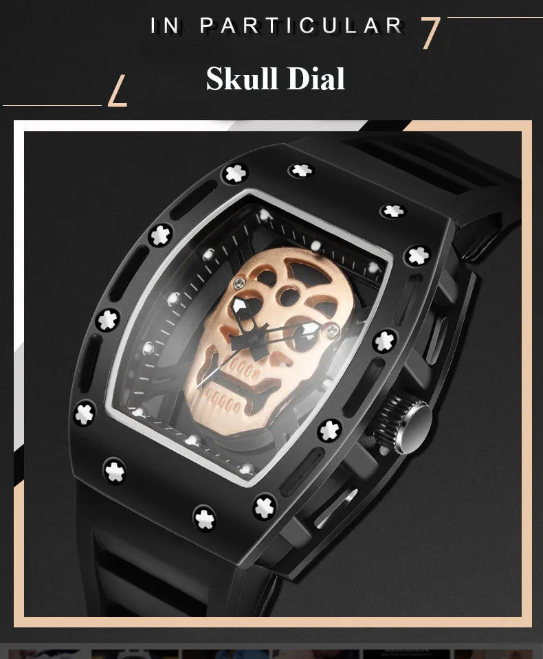 UTHAI Men Watch Fashion Trend For Skeleton Ghost Head Hollow Out Watch Wine Bucket Wristwatch Silicone Male Quartz Clock Watches