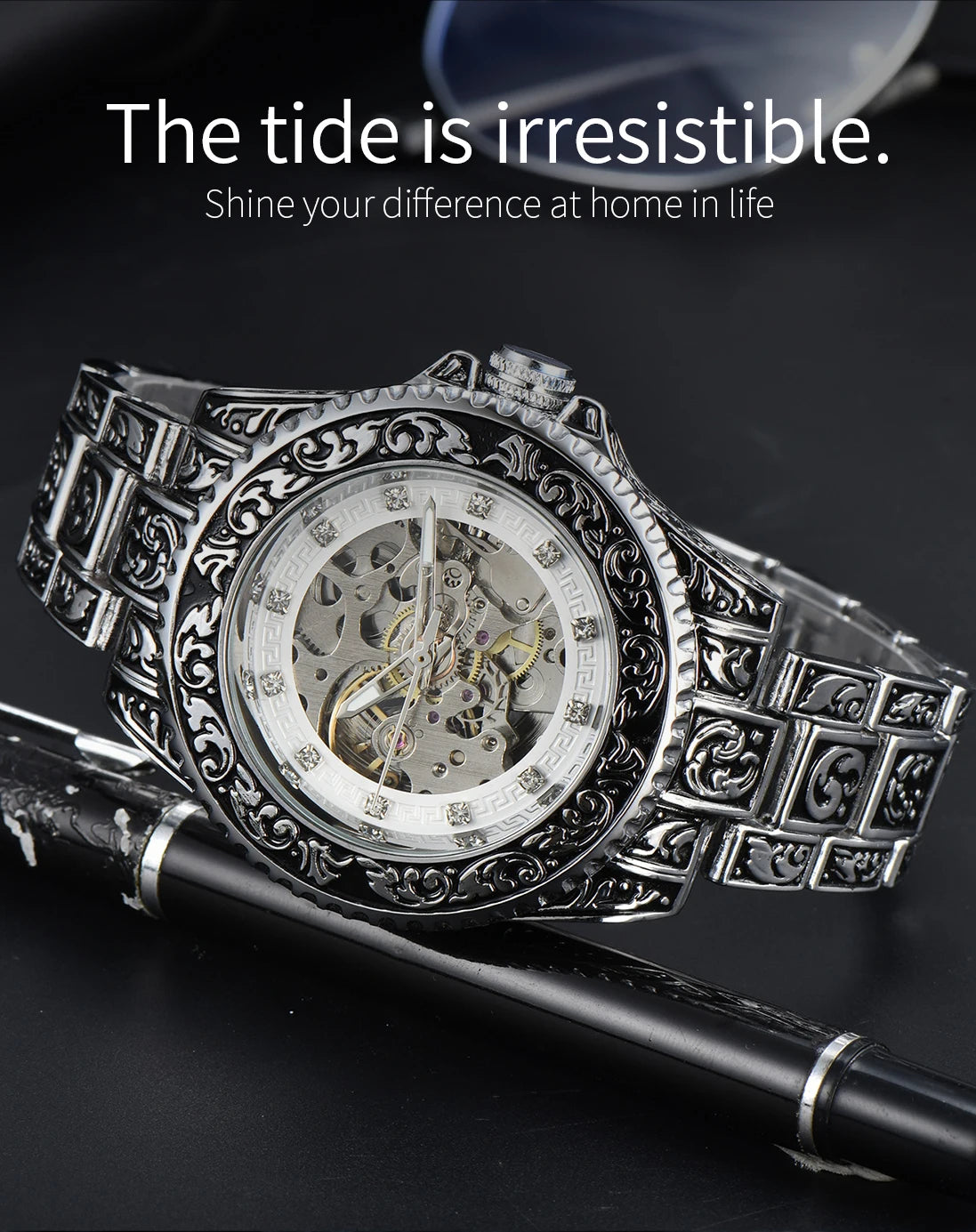 LONGLUX automatic watch luxury wholesale mechanical wristwatches stainless steel carve waterproof  no logo mens watch men gift