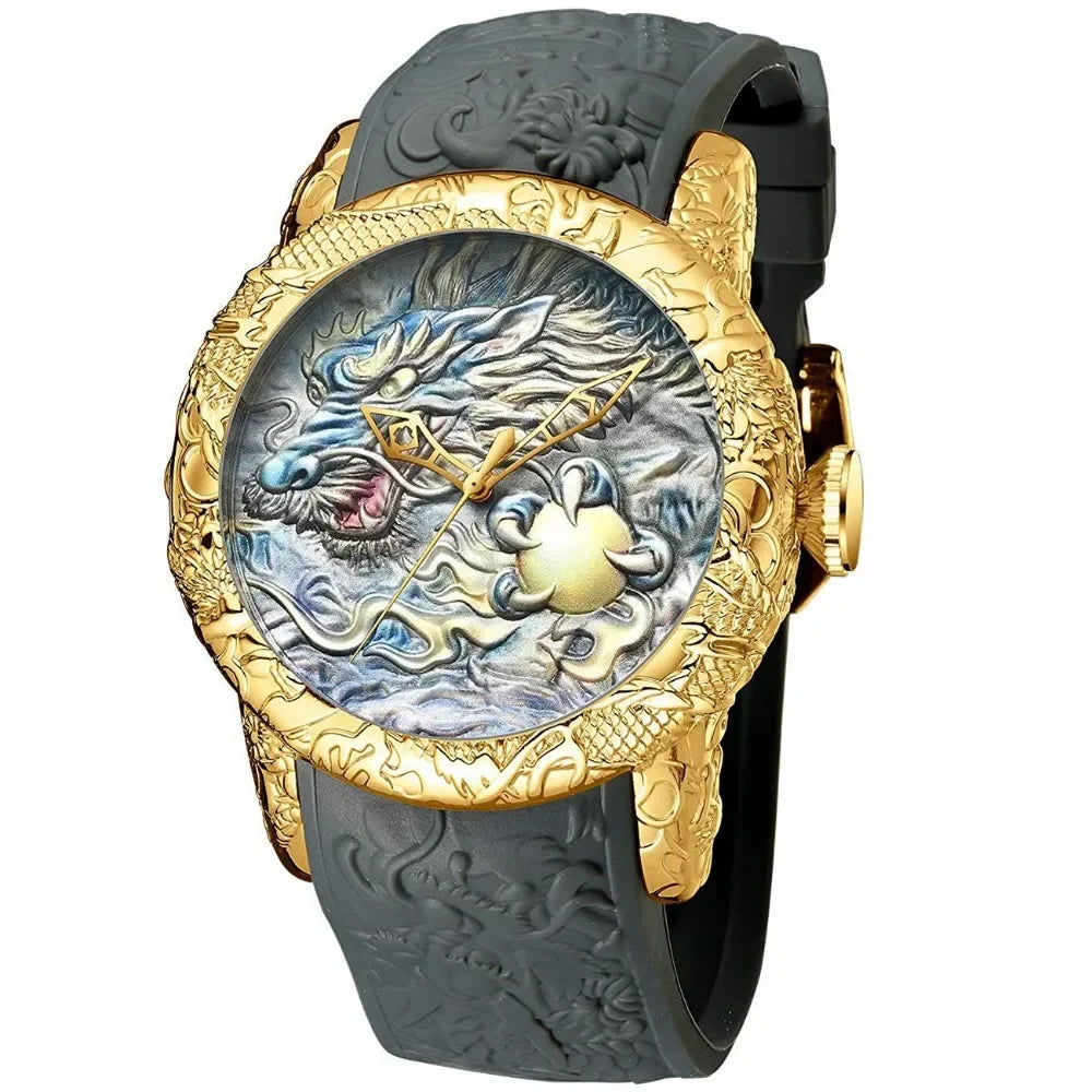 Mens Fashion Big Dial 3D Sculpture Dragon Watches Men Quartz Watches Luxury Exquisite Creative Wristwatch Male Clock Gifts