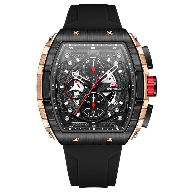 MINI FOCUS Sport Chronograph Quartz Watch for Men Fashion Blue Silicone Strap Tonneau Dial Wristwatch with Date 3atm Waterproof